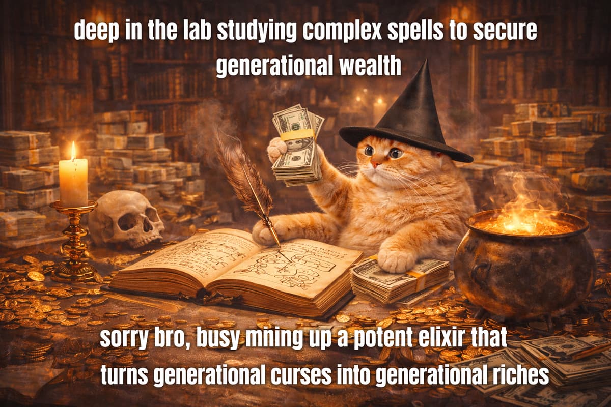 Cat studying complex spells in library meme