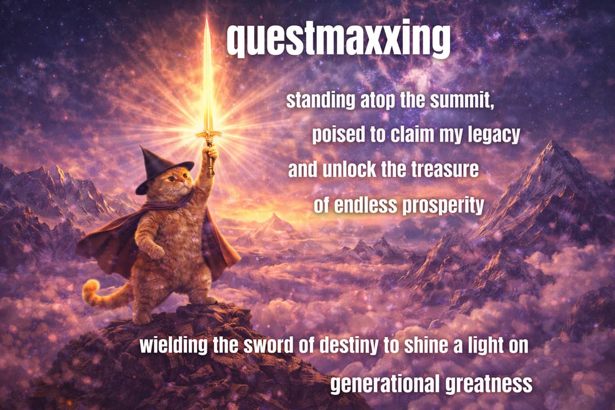 Cat wizard on mountain summit wielding sword of destiny
