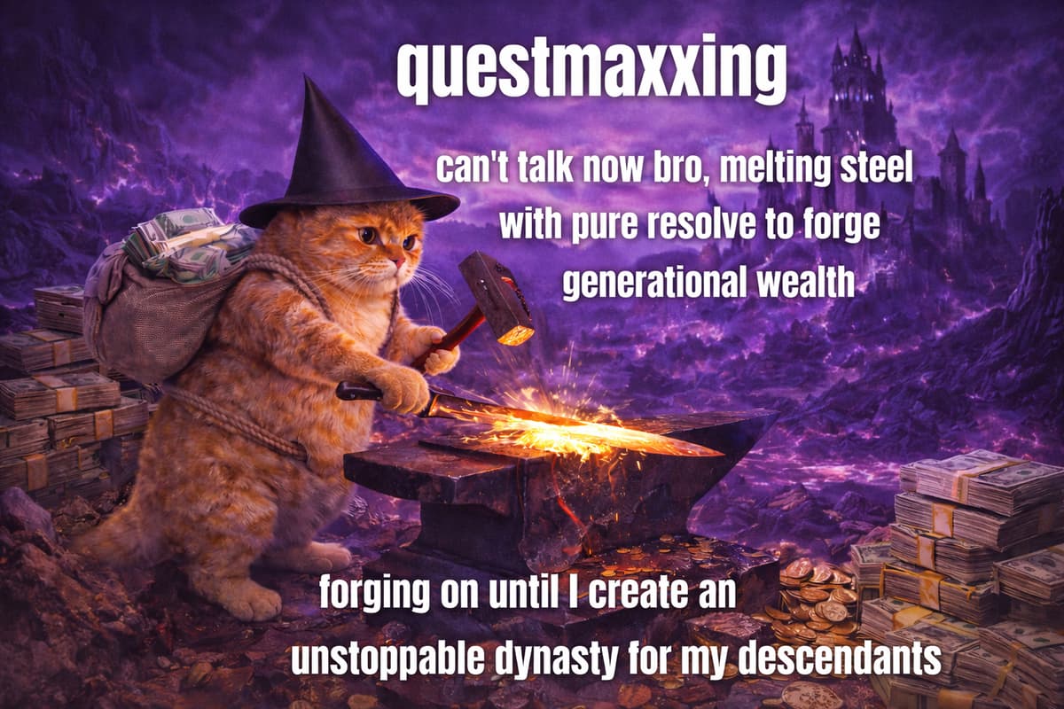 Cat forging steel with pure resolve in purple realm meme