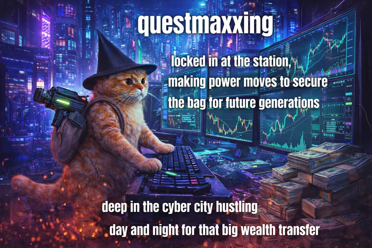 Cat at trading station with power moves meme