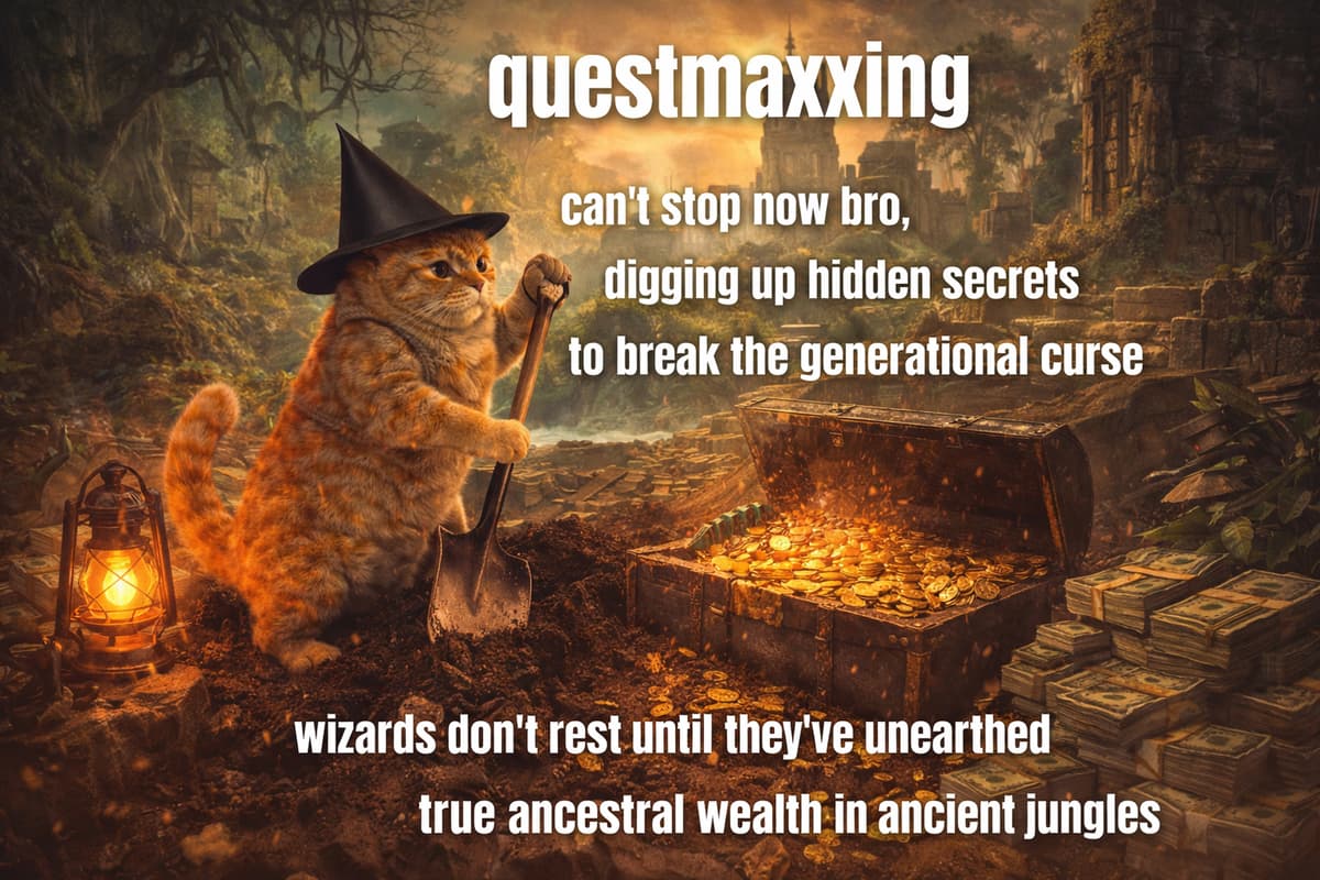 Cat digging in jungle to break generational curse meme